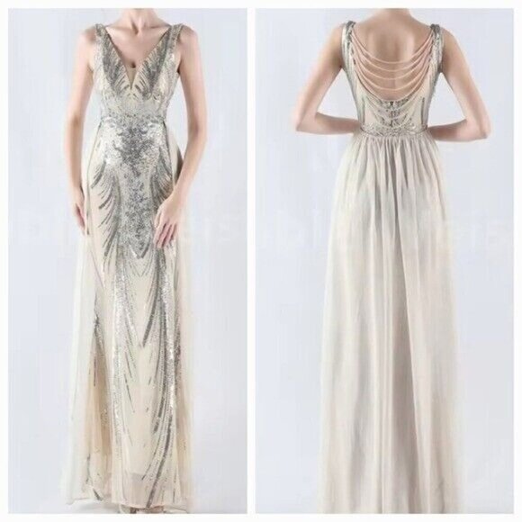 Silver, Double V, Beaded Back, Detachable Draped Skirt, Sequined Mermaid Gown - Picture 3 of 16